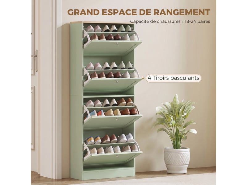  Meuble à chaussures 24 paires, armoire à chaussures avec 4 tiroirs rabattables, 60x23,5x153cm, étagères réglables, vert  - Conforama A