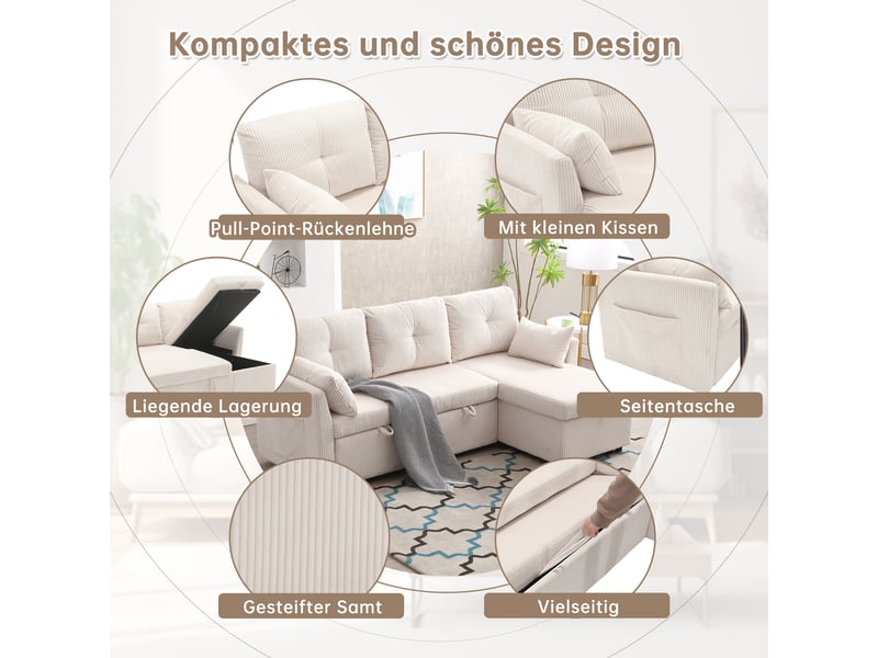  Canapé modulable d'angle convertible avec rangement intégré en velours côtelé beige structure bois massif  - Conforama D