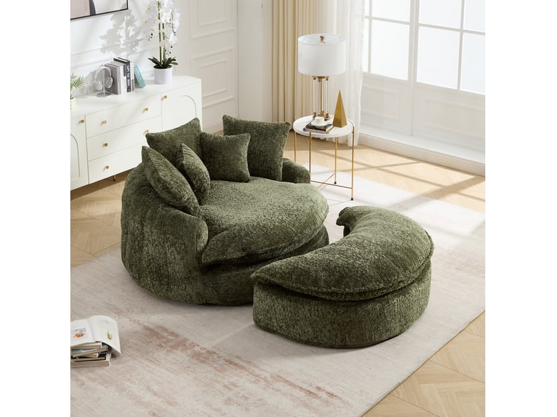  Fauteuil rond surdimensionné 138x190.5x63 cm, dossier large, coussins inclus, mousse dense, polyester, vert olive  - Conforama E