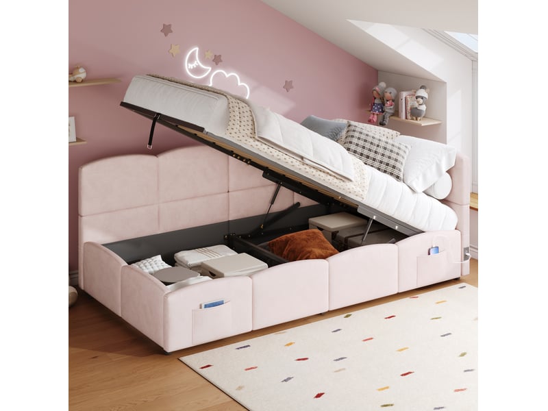  Modenvie lit coffre 90x200 cm - avec ports usb et poche de rangement, sans matelas - rose  - Conforama B