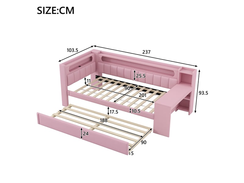  Lit gigogne 90x200 cm avec bureau, étagères, usb et led, rose  - Conforama E