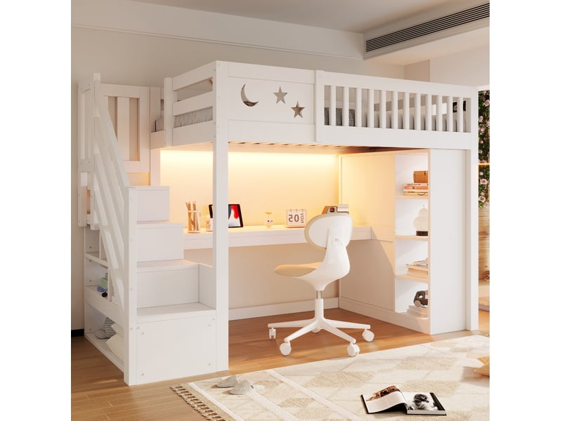  Lit mezzanine 90x200 cm avec bureau, éclairage led et rangement, pour chambre, en bois et en mdf, blanc, sans matelas  - Conforama B