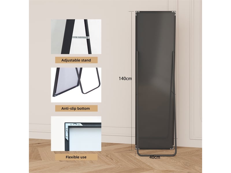  Miroir sur pied 140x40cm - miroir rectangulaire en verre trempé avec cadre en aluminium - noir  - Conforama E