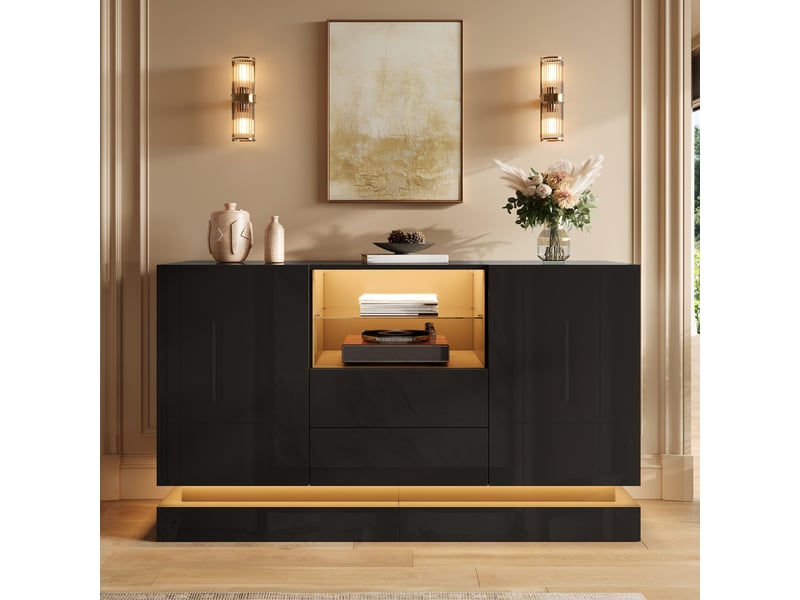  Buffet bas avec éclairage led, 2 portes et 2 tiroirs, 140 cm evryae  - Conforama C