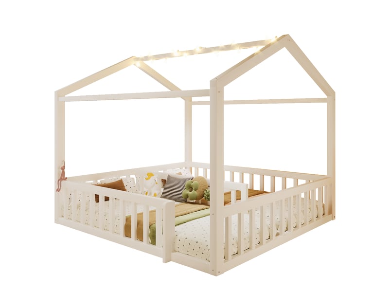  Lit enfant avec éclairage led,barrière de sécurité, lit cabane enfants 180 x 190 cm ou 2 lits 90 x 190 cm en pin, cadre de lit  - Conforama A
