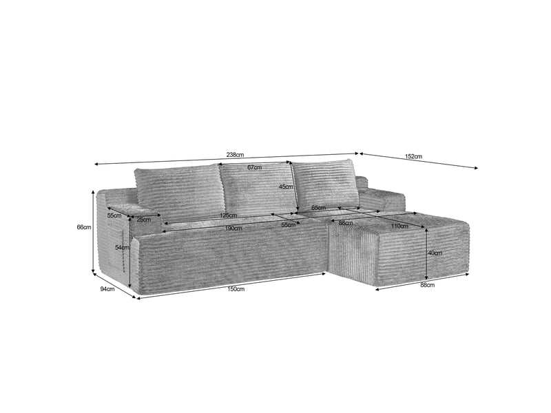  Canapé d'angle compressé en l 238x152x66 cm modulable 3 places, mousse et velours côtelé couleur vert, moderne  - Conforama C