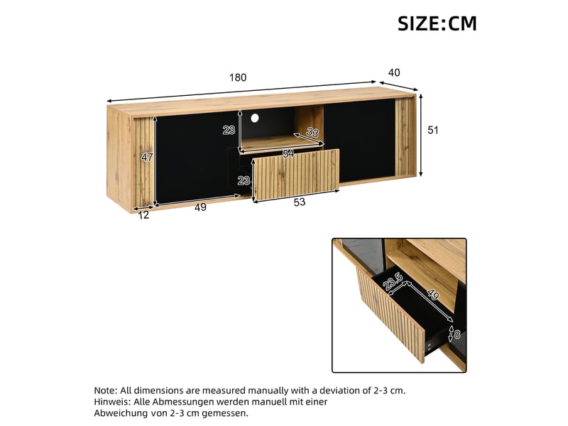  Meuble tv, avec éclairage led, rangement, aspect bois, 2 portes, 1 tiroir, noir‑bois, 180x40x51 cm  - Conforama C