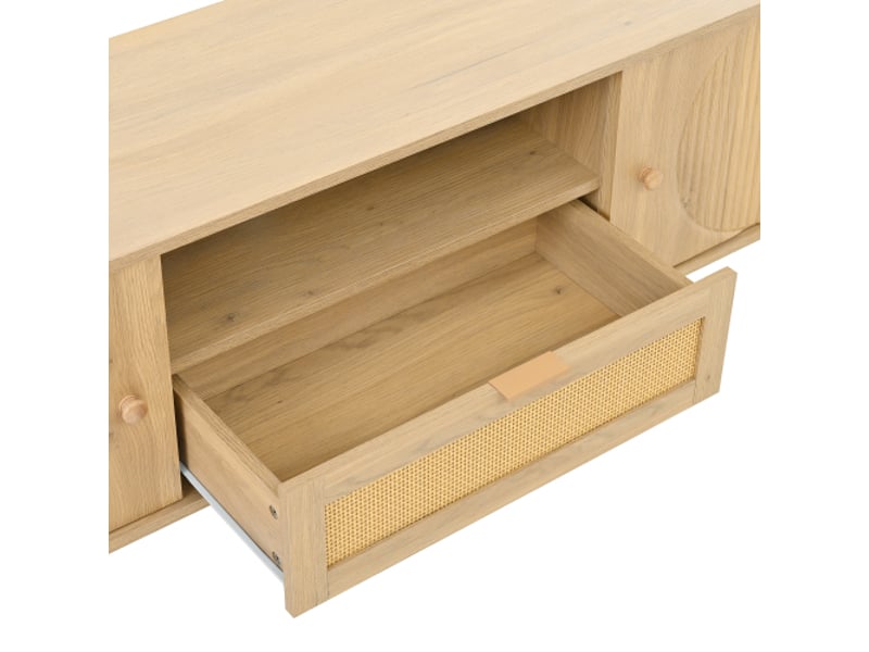  Meuble tv moderne en rotin avec tiroirs, étagères ouvertes et plateau arrondi – pieds métal-bois, salon multifonction  - Conforama D
