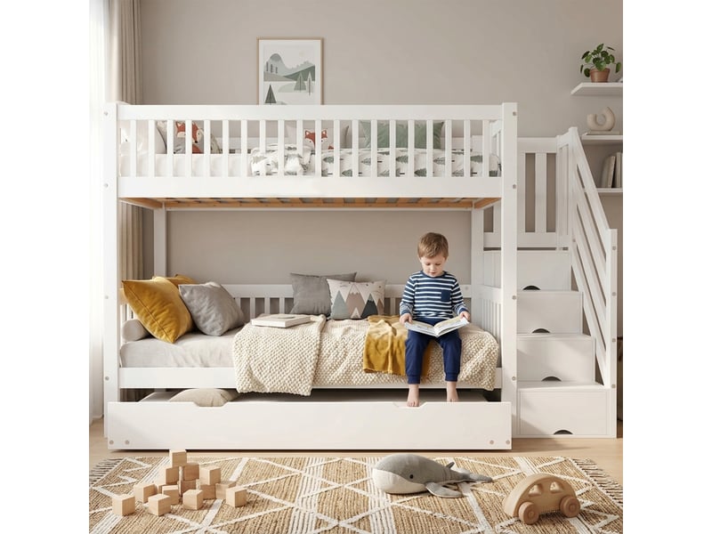  Lit superposé 3 places 90x20090x190 cm, lit gigogne, couchage gigogne, escalier avec rangement, barrière de sécurité, bois massif et mdf blanc CozyNest - Conforama B