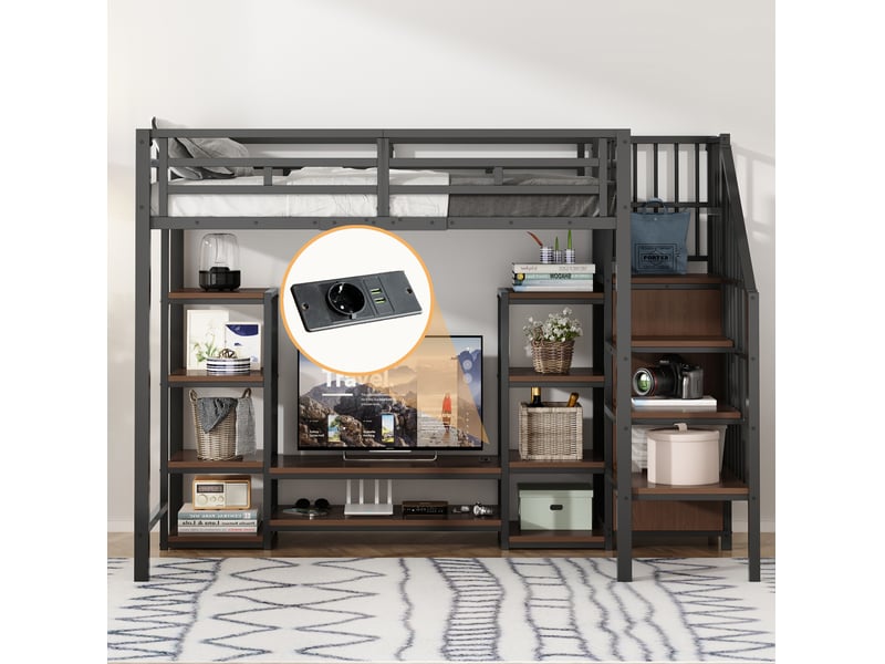  Lit mezzanine 90 x 200 cm avec support tv, prise et escalier de rangement noir  - Conforama D