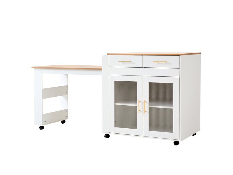 Îlot de cuisine extensible blanc, table 2–4 places, rangement, prises usb-ac - Conforama E