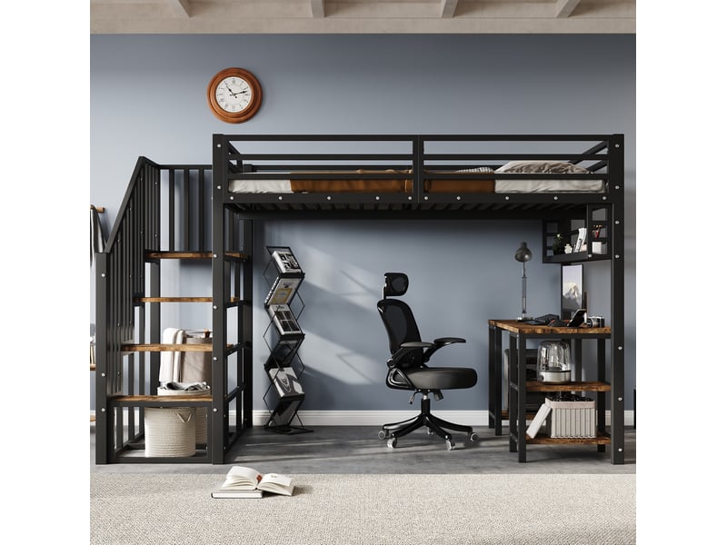 Lit mezzanine 120x200cm, escalier à rampes, bureau, étagères rangement, métal et bois, noir+noyer foncé, sans matelas - Conforama C