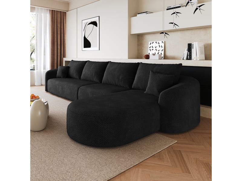 Canapé d’angle droit en l 5 places 336x168x85 cm, modulable sans structure en mousse compressée, sans montage, salon chambre, chenille, noir Sol Morn - Conforama D