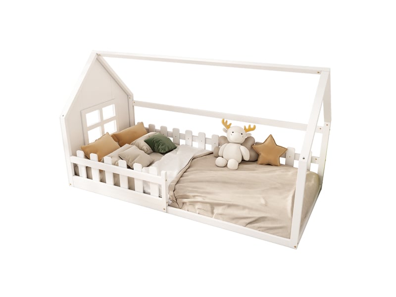  Lit cabane,lit plat pour enfants en pin et mdf 90x200cm,en forme de maison,blanc lit enfant blanc - Conforama A