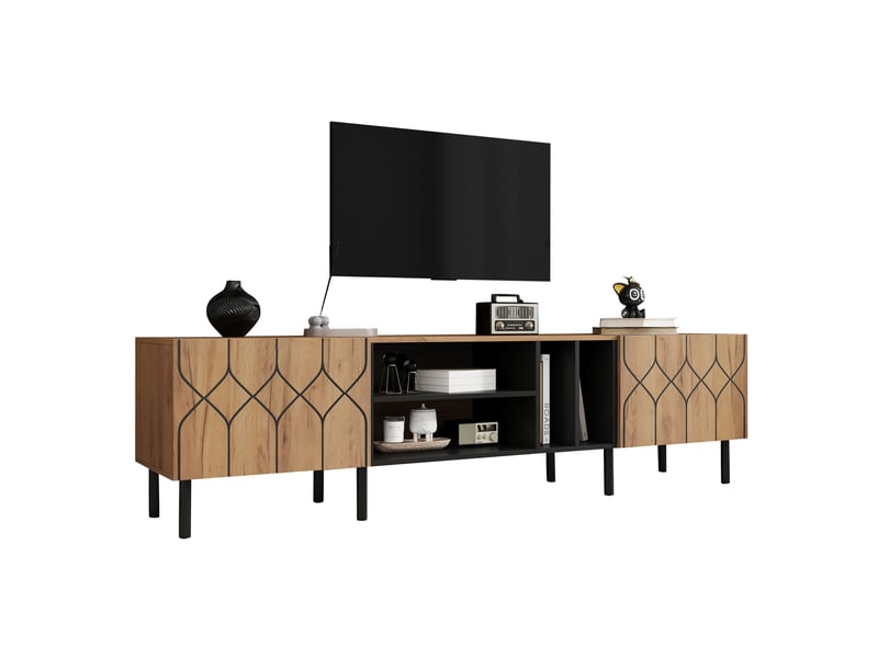  Meuble tv avec 2 portes sans poignées, 4 niches et passe-câbles pour salon, noir et bois naturel, 180 × 40 × 50 cm  - Conforama A