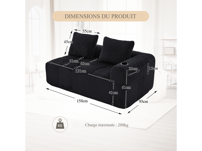  Canapé droit 2 places en velours côtelé noir 158 x 93 x 61 cm, poches latérales et porte-gobelets, salon bureau 158x93x61cm - Conforama C