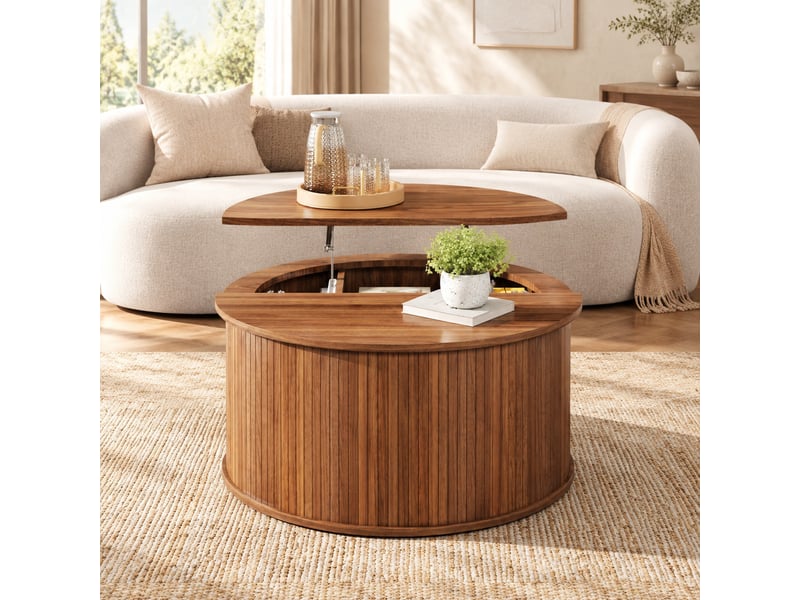  Table basse ronde avec plateau relevable et rangement, mdf décor noyer  - Conforama B