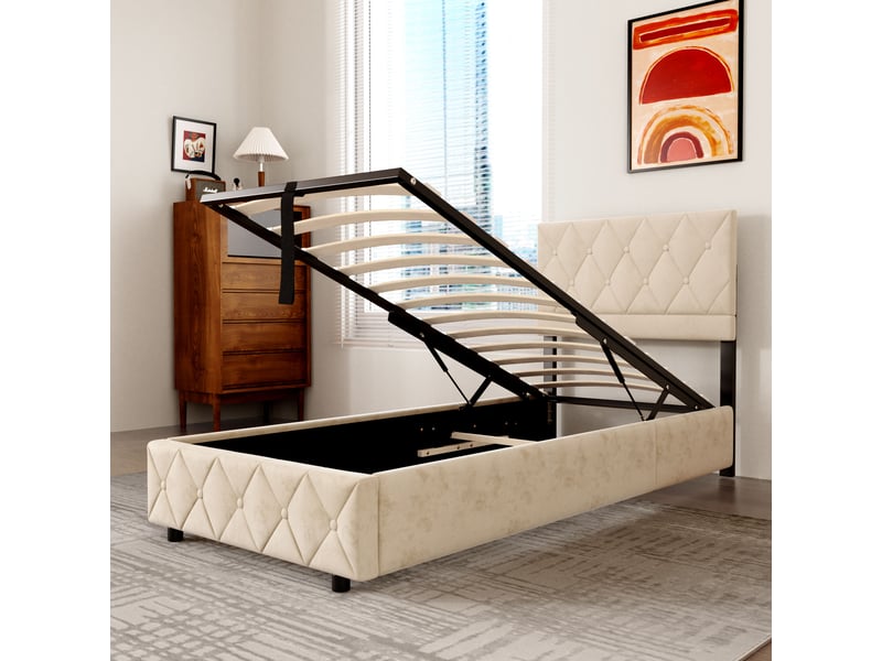  Lit 90x200 cm rembourré avec sommier à lattes beige evryae  - Conforama E