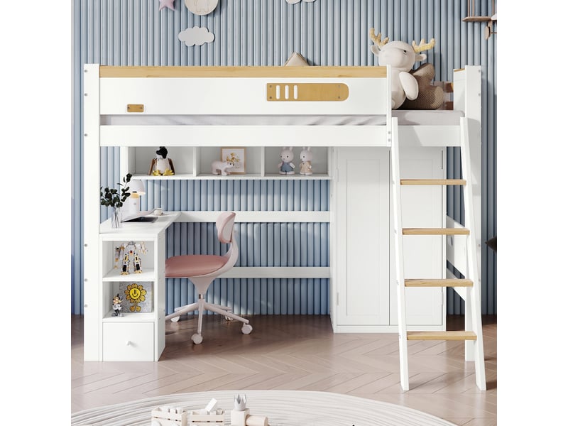  Lit mezzanine enfant 90x200 cm, avec bureau, armoire penderie intégrée, escalier à 4 marches et étagères ouvertes, en bois de pin massif et mdf, blanc  - Conforama C