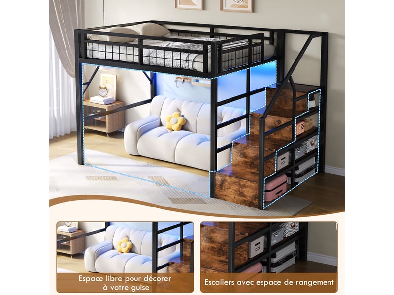  Lit mezzanine avec escalier de rangement et éclairage led, métal et mdf, couchage 140 x 200 cm, noir  - Conforama D