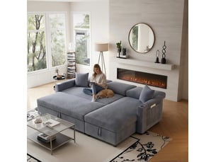 Canapé d'angle droit convertible MODFU 3 places Velours gris avec coffre de rangement