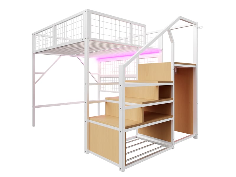  Lit mezzanine enfant 140x200 cm – blanc – escalier de rangement, penderie ouverte et led par application  - Conforama D