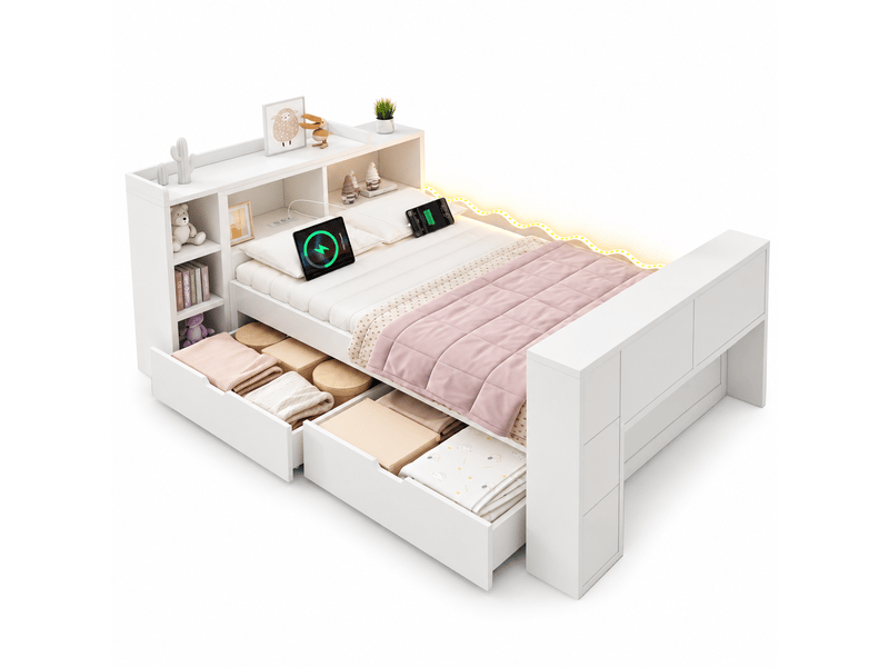  Canapé-lit 90x200cm - avec 2 tiroirs - avec éclairage led et prises de recharge - avec bureau extensible - blanc (matelas non inclus)  - Conforama A