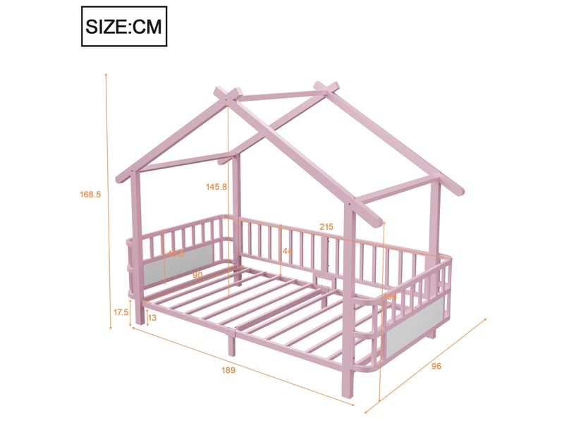  Lit enfant cabane en métal 90 x 200 cm avec barrières de sécurité, rose  - Conforama C