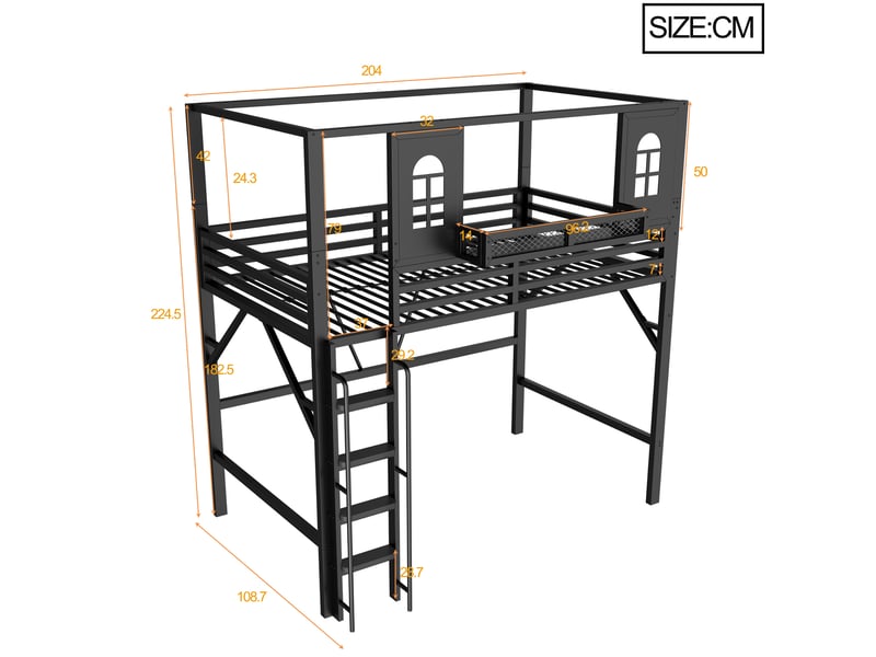  Lit mezzanine enfant 90x200 cm en métal noir avec toit et étagère, sans matelas  - Conforama E