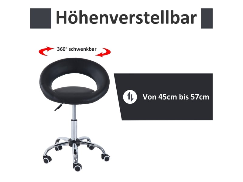  Tabouret de bureau à roulettes noir en cuir régénéré et métal, réglable 45–57 cm, pivotant à 360°, confortable  - Conforama E