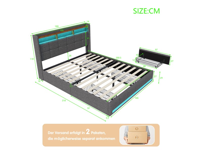  Lit double rembourré 160x200 cm avec éclairage led, lit 2 place avec 4 tiroirs et usb, sommier à lattes en bois  - Conforama C
