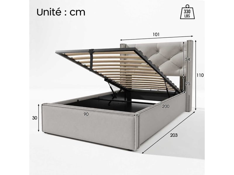  Lit coffre 90x200 cm, rangement hydraulique, sommier à lattes, tête de lit capitonnée, coton gris clair C-DEGAYUN - Conforama C