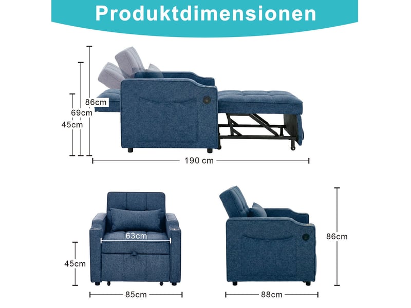  Canapé convertible 3 en 1 avec dossier inclinable, ports usb et poches latérales, en tissu et bois bleu marine  - Conforama D
