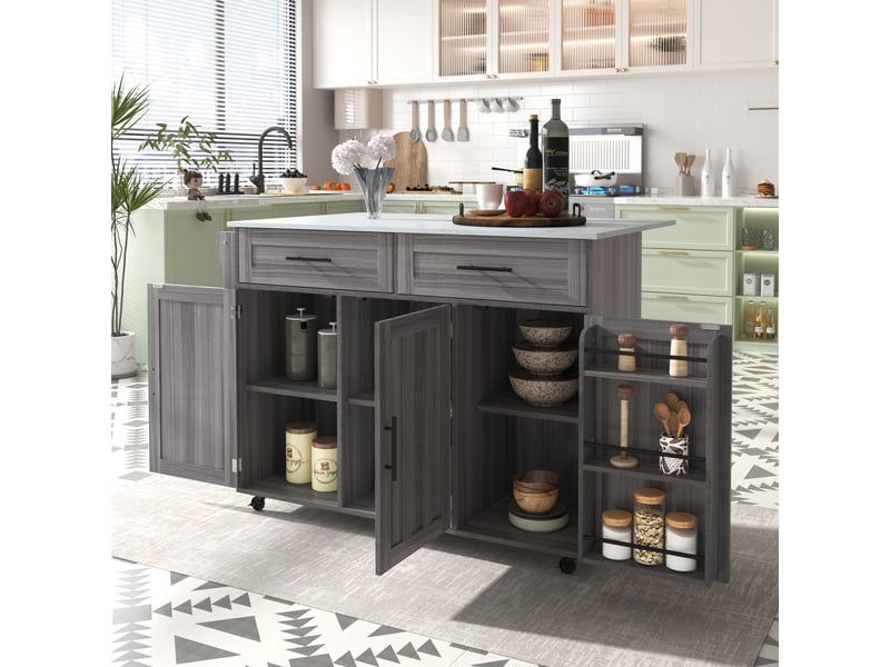 Chariot de service extensible - dimensions - comptoir en marbre blanc - grain de bois gris kaki 129x46x91.5cm - Conforama B