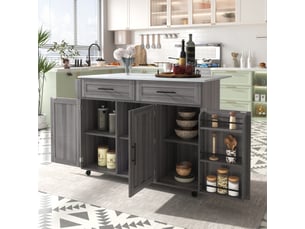Chariot de service extensible - dimensions - comptoir en marbre blanc - grain de bois gris kaki