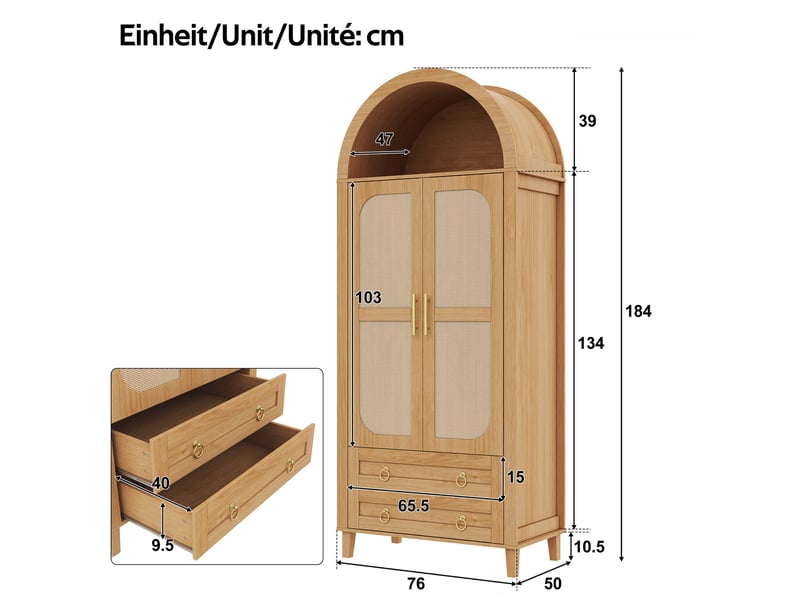  Armoire 76x50x184 cm à 2 portes et 2 tiroirs avec éclairage led, coloris naturel  - Conforama E