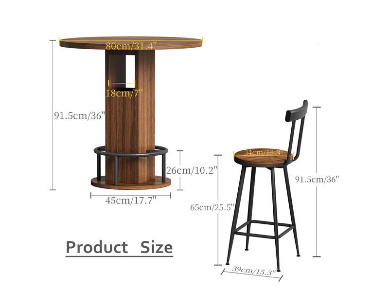  Ensemble table et chaises de bar avec 1 table ronde et 2 tabourets  - rangement et repose-pieds - panneaux de particules et acier - noyer  - Conforama D