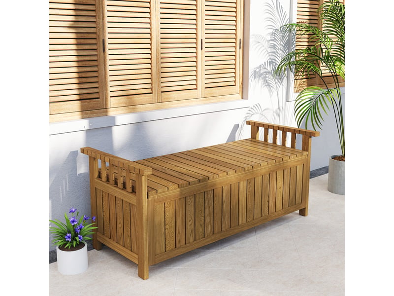 Banc de jardin 2 places en bois avec rangement de 151l banc d'extérieur avec accoudoirs 128,5 x 56 x 53,5 cm marron - Conforama C