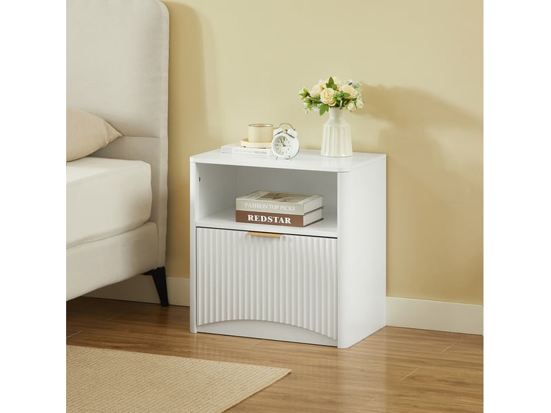  Table de chevet 58x38x60 cm, tiroir ouvert, rangement, chevet moderne, table d’appoint, chambre salon, aggloméré, blanc  - Conforama E