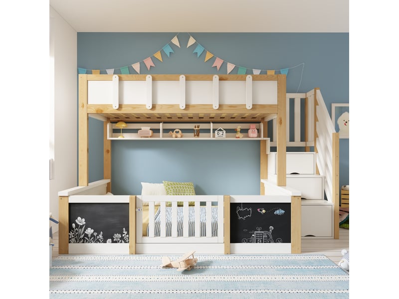 Lit superposé enfant modenvie 90 x 200 et 140 x 200 cm avec escalier de rangement tableau blanc et bois naturel - Conforama B