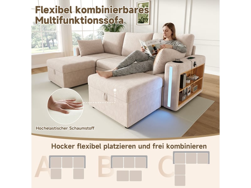  Canapé modulable en u ou l 5-6 places velours côtelé beige avec led  - Conforama D