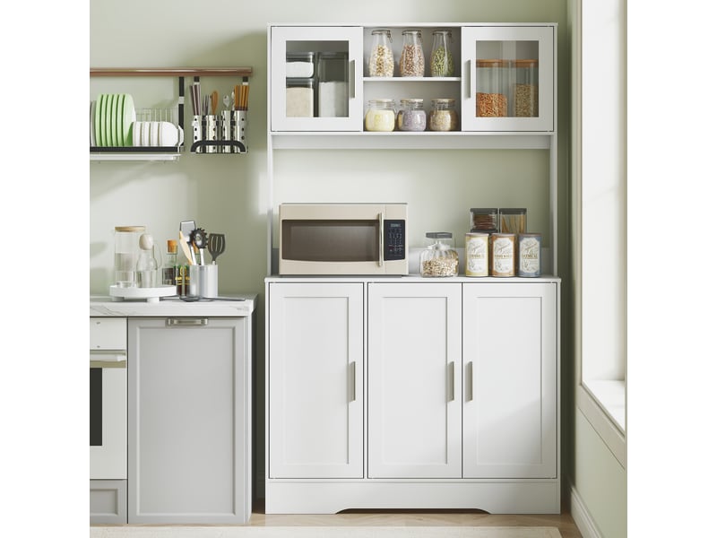  Meuble de cuisine scandinave avec placards, compartiments ouverts, portes vitrées et plan de travail, blanc  - Conforama D