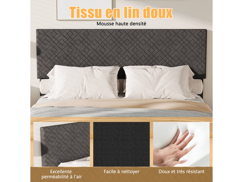  Lit 140 x 200 cm - lit double - avec sommier à lattes - avec tête de lit - tissu lin - gris foncé - lit capitonné  - Conforama R