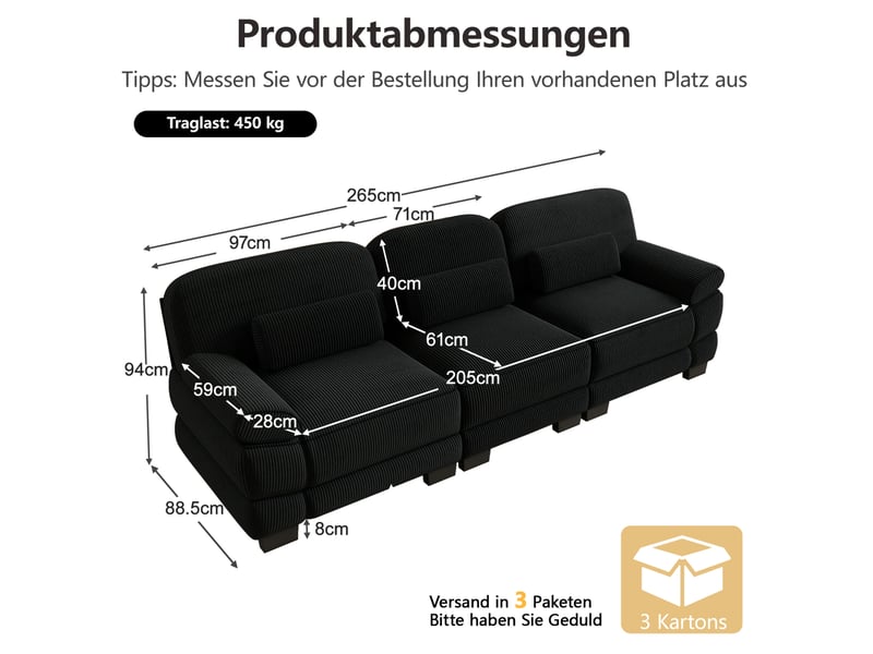  Canapé modulable 3 places 265x88,5x94 cm, assise généreuse, coussin de maintien, maintien confortable, velours côtelé, noir  - Conforama A