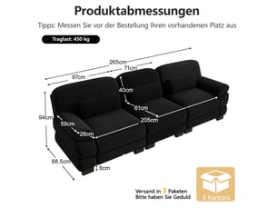 Canapé modulable 3 places 265x88,5x94 cm, assise généreuse, coussin de maintien, maintien confortable, velours côtelé, noir