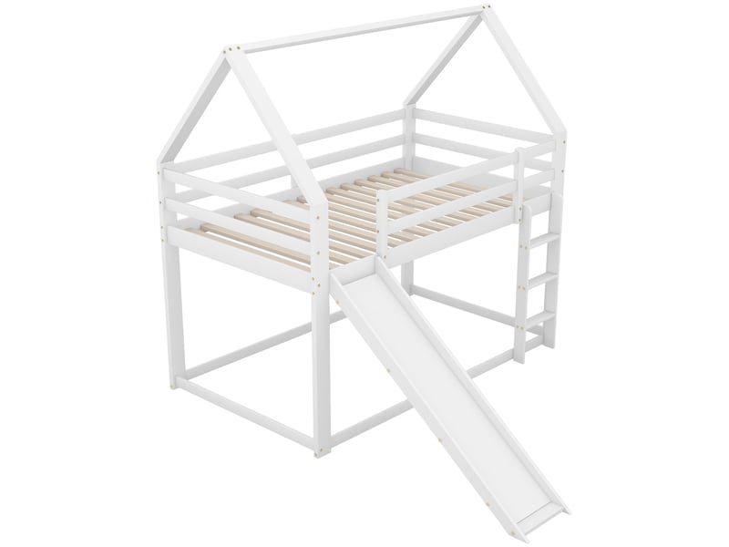 Lit superposé enfant avec toboggan, cabane blanche en pin et mdf, couchage 90 x 200 cm - Conforama W