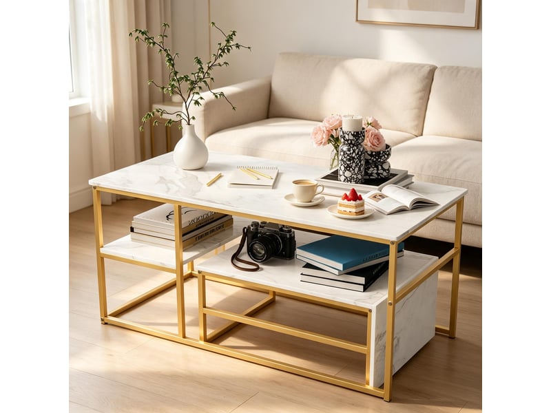  Tables basses – set de 2 tables basses gigognes – plateau marbre blanc – stable et durable –  cadre métal doré –  105+52 cm  - Conforama B