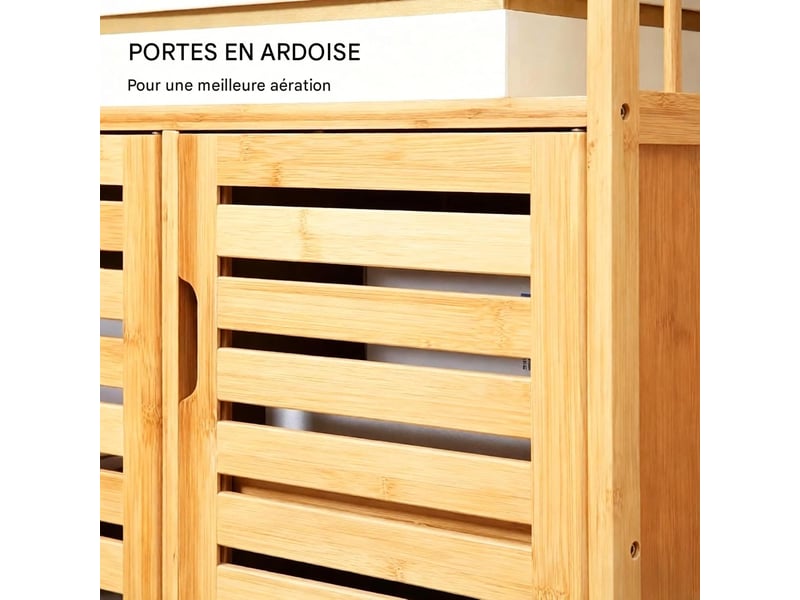  Buffet meuble de rangement 3 portes persiennes en bambou naturel 100x35x82 cm  - Conforama E