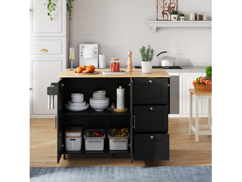 Desserte de cuisine 135x44(70)x90 cm noire et naturelle avec plateau rabattable - Conforama E
