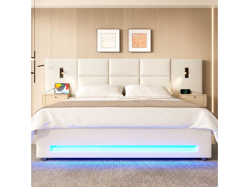  Lit coffre 160 x 200 cm en velours beige, ouverture hydraulique, tête de lit avec tiroirs, led et usb-c  - Conforama D